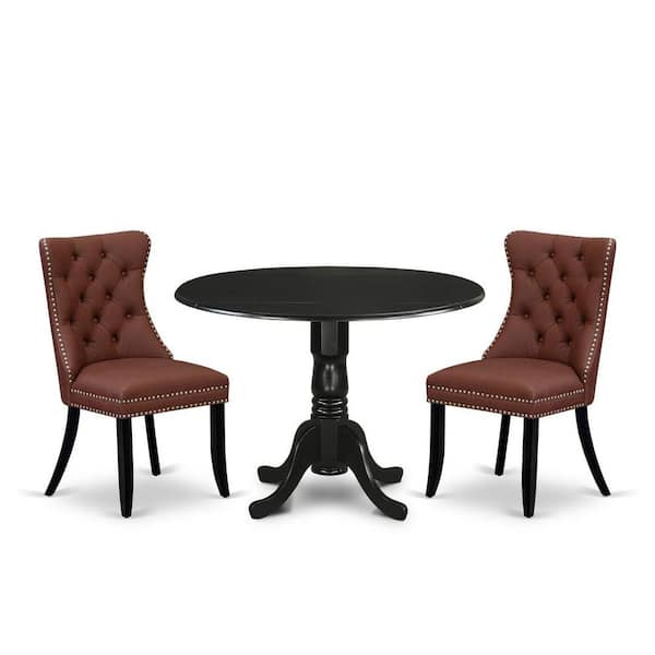 East West Furniture 3-Piece Black Finish Solid Wood Top-Round Upholstered Dining Room Set with Dropleaf-Seats 4