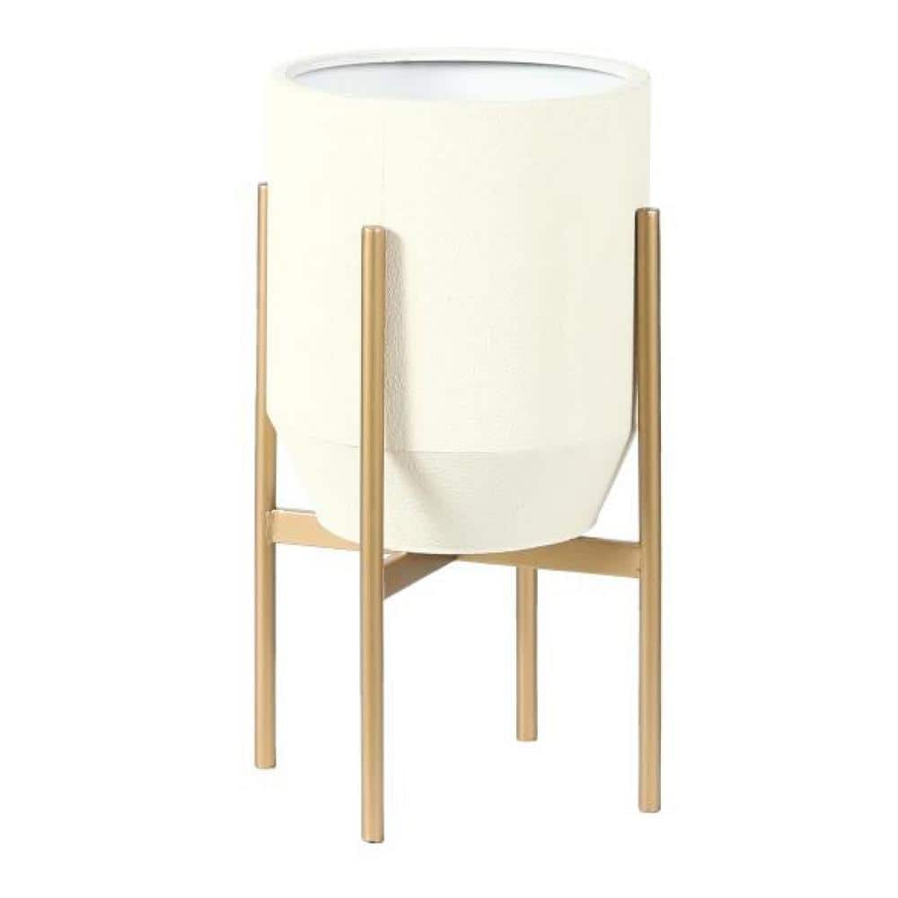Set of 2 Gray and Off White Metal Planters with Gold Stand