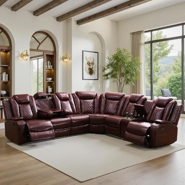210 in. Overall Straight Arm Leather L-Shape Recliner Sofa Set in Red, 6 Seats Sectional with USB, Wireless Charging