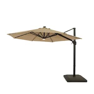 11 ft. Steel Cantilever Round Solar LED Patio Umbrella in Beige with Base