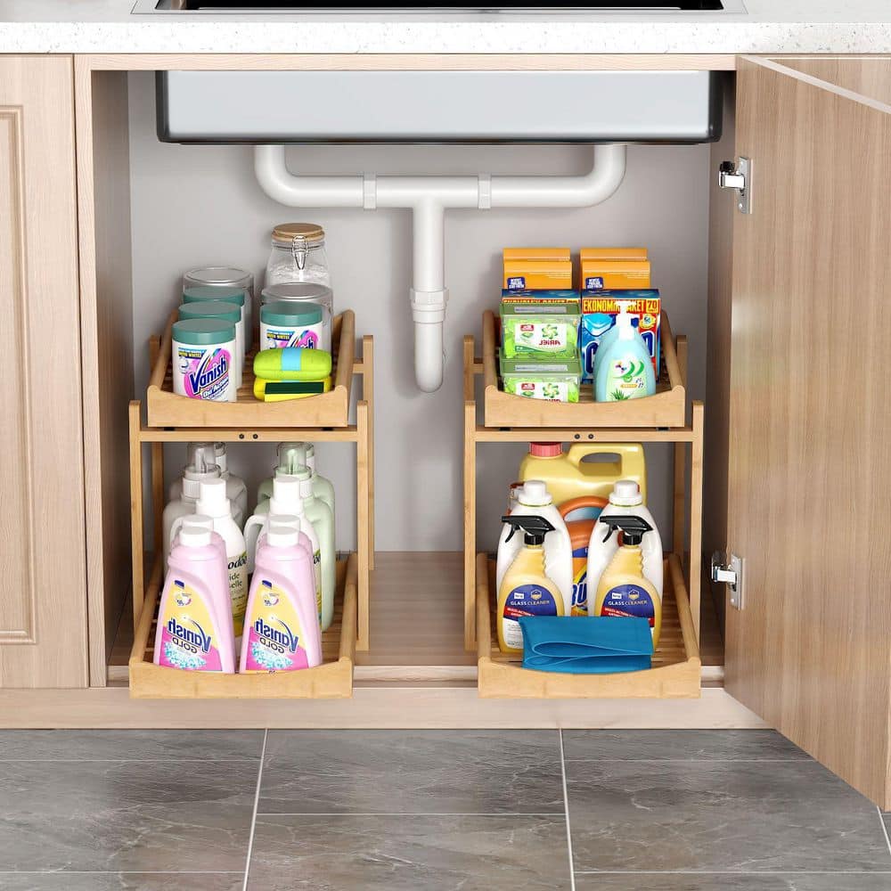 2 Tier Bamboo Under Sink Organizer Pull Out Storage Shelf for Kitchen Bathroom in Natural Finish 2-Pack price history on PriceWatchPro