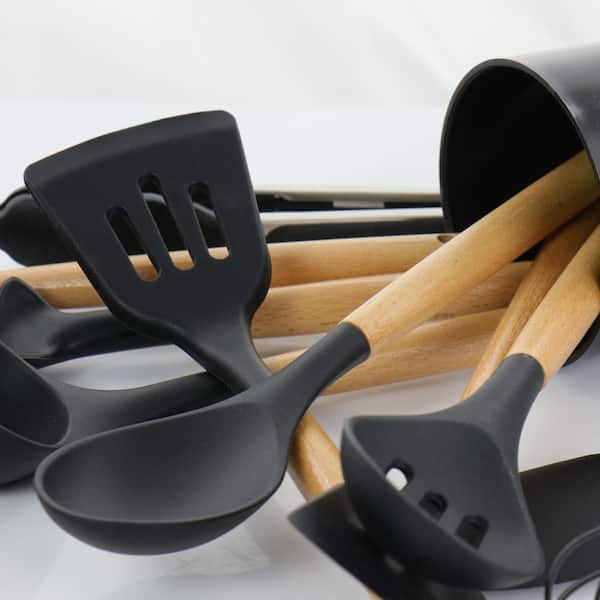 12/16Pcs Kitchen Silicone Cooking Utensil Set Black Wooden Spoons for –  LYHOE
