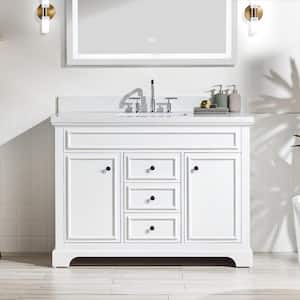 48 in. x 22 in. D Solid Wood Bath Vanity,White with Carrara White Cultured Marble Top,Soft Close Doors,Single Sink