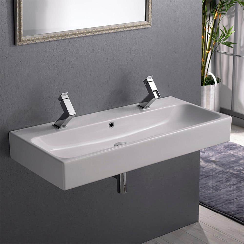 Modern White Ceramic Wall-Mount Bathroom Sink with Overflow