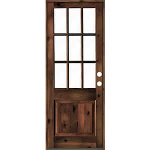 36 in. x 96 in. Rustic Knotty Alder Red Mahogany Stain Left-Hand Clear Low-E Glass 9-Lite Wood Single Prehung Front Door