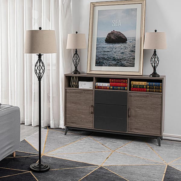 Cleveland 3- Piece 64 in. Black Table And Floor Lamp Set (Set of 3)