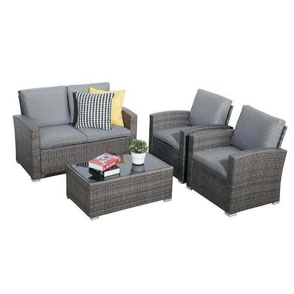 Freestyle 4-Piece Wicker Grey Outdoor Patio Conversation Set with Tempered-Glass Coffee Table, Light Grey Cushion