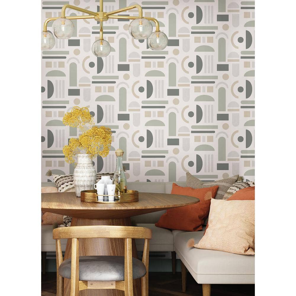Self-Adhesive White and Green Geometric Peel and Stick Wallpaper