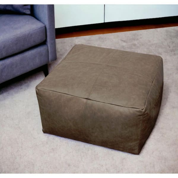 Gray, Brown Leather Rectangle Ottoman