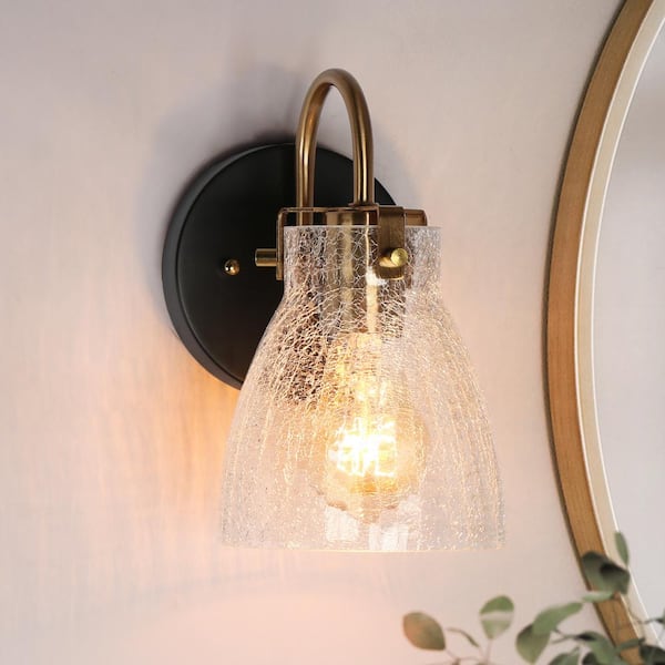 LNC DAWN 5.1 in. 1-Light Matte Black Modern Wall Sconce with Crackle Textured Glass Shade