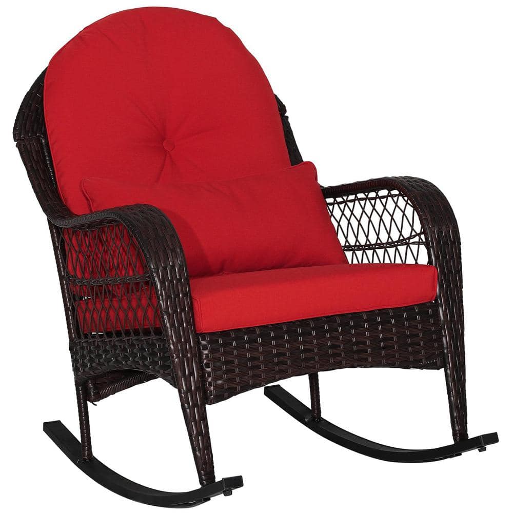Costway Wicker Outdoor Rocking Chair with Red Cushions and Lumbar