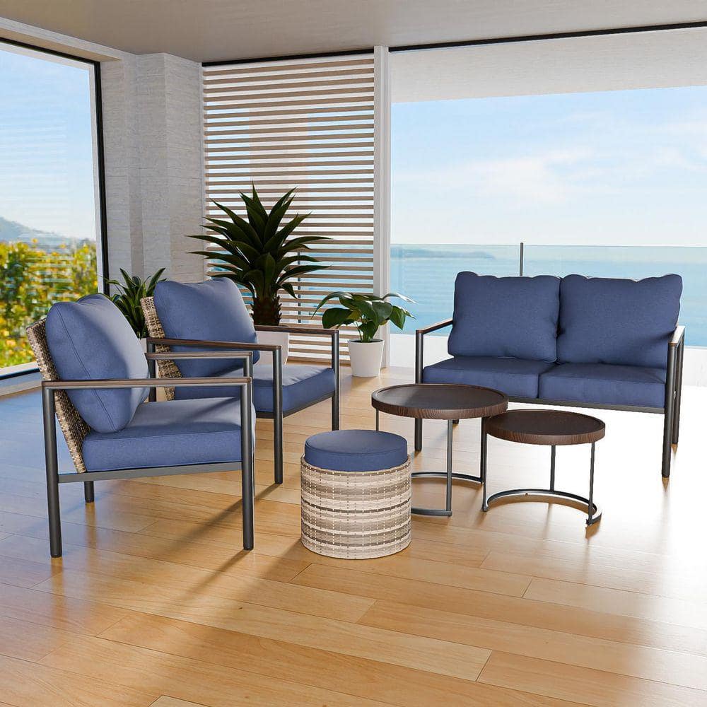 6-Piece Brown Wicker Outdoor Patio Conversation Set with Blue Cushions, with Nesting Coffee Tabels and Ottoman