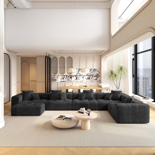Oversized 184 in. W Linen 6-Piece L-Shaped Tufted Sectional Sofa Free Combination Living Room Set in. Black