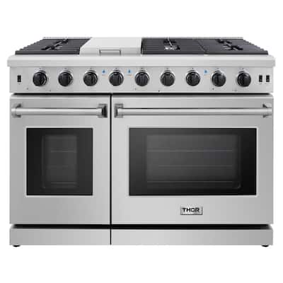 48 in. 6.8 cu. ft. Double Oven Gas Range in Stainless Steel with Griddle and 6-Burners