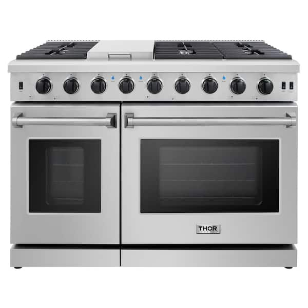 Mueller 48 in. 6.7 Cu. ft. Professional Freestanding GAS Range with 8 Burners, Griddle and Double Oven in Stainless Steel, Silver