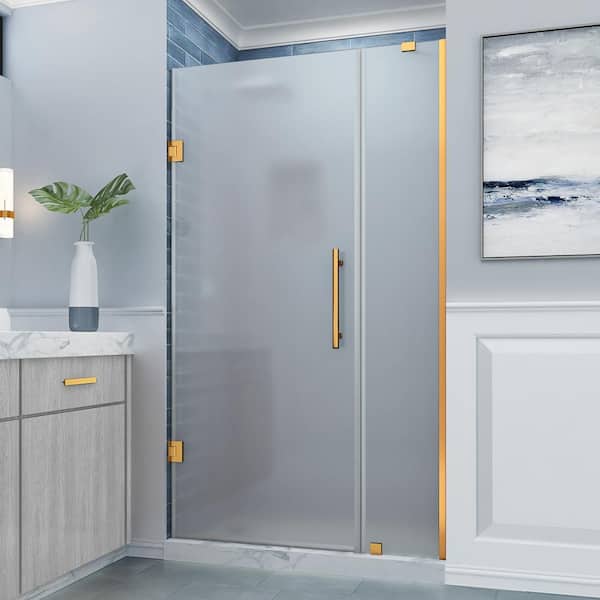 Aston Belmore 39.25  in. to  40.25 in. W x 72 in. H Pivot Frameless Shower Door Frosted Glass in Brushed Gold