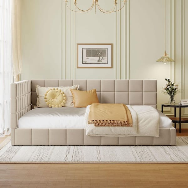 Gwendolyn Beige Full Size Wood Frame Velvet Upholstered Daybed