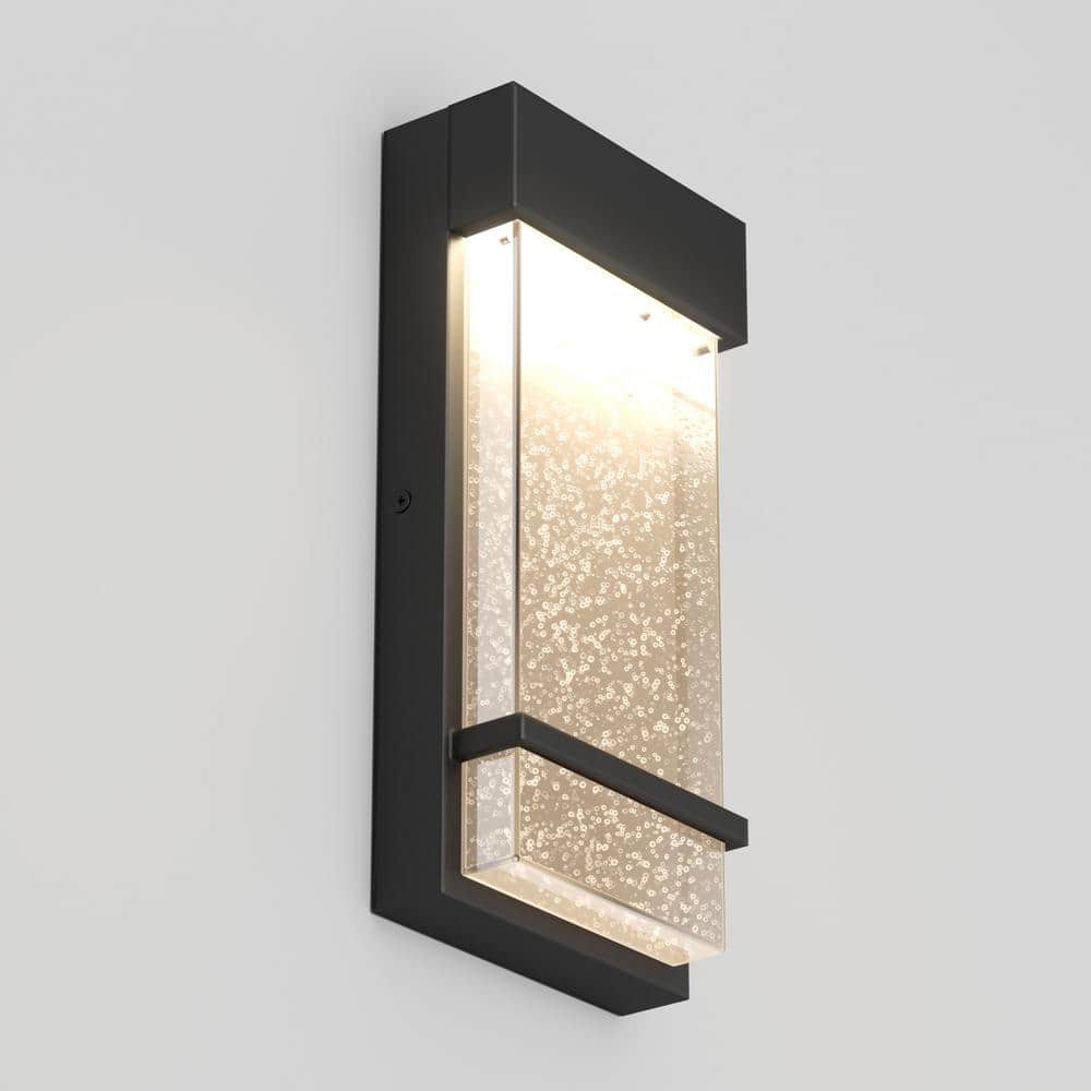 Modern Black Aluminum Lantern Sconce with Seeded Glass Shade