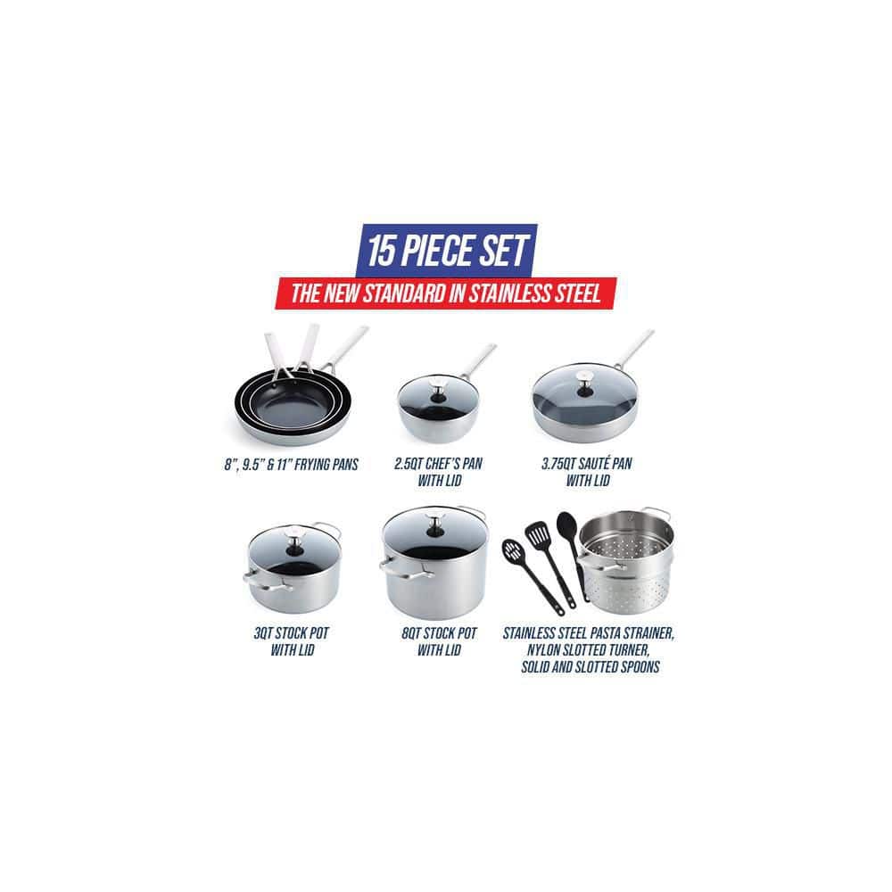 15-Piece Tri-Ply Stainless Steel Nonstick Cookware Set