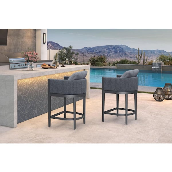 Aluminum Counter Height Outdoor Bar Stool Olefin Weaving Oval Leg with Backrest and Cushion, Gray(2-Pack)