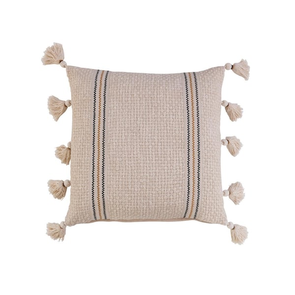 Storied Home Black, Mustard Color Embroidered Polyester 18 in. x 18 in. Throw Pillow with Tassels