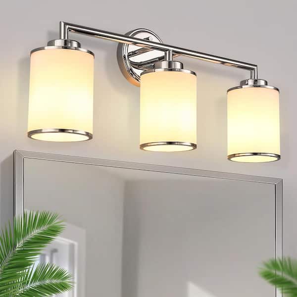 17 In. 3-Light Chrome Vanity Light for Vanity or Mirror in Bathroom with Frosted Glass Shades Stylish Modern Wall Sconce