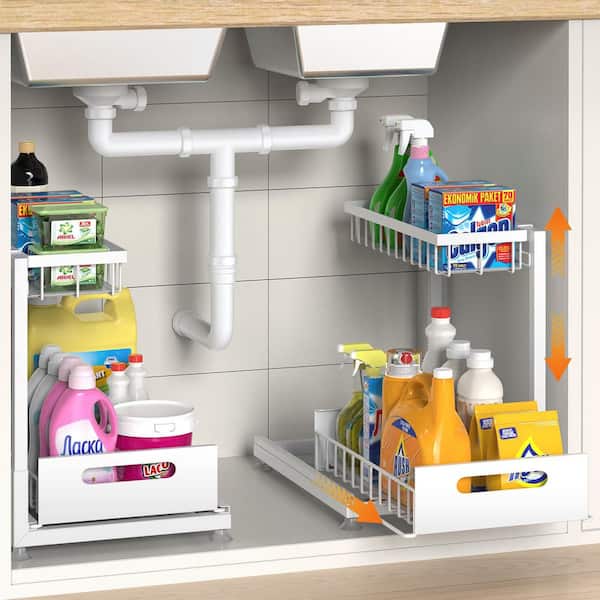 2 Pack Under Sink Organizer Storage 2-Tier Premium Metal Pull-Out Racks, Kitchen and Bathroom Organizers White