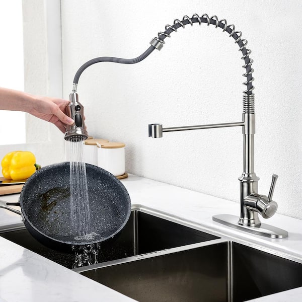 Spring Kitchen Sink Faucet with 3 Modes Pull Down Sprayer, Single buy Handle&Deck