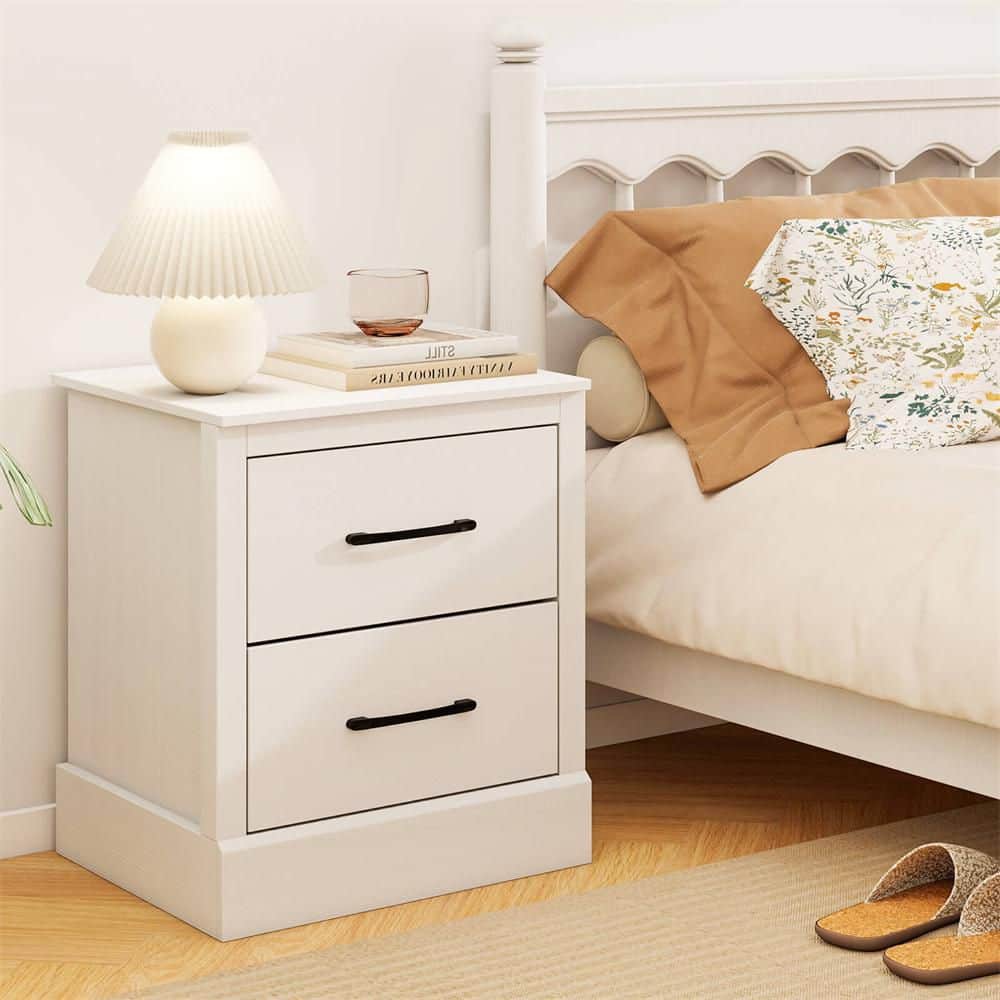 White 2 Drawer 18.5 in. W Farmhouse Nightstand with 2 Drawers Compact Size End Table for Living Room