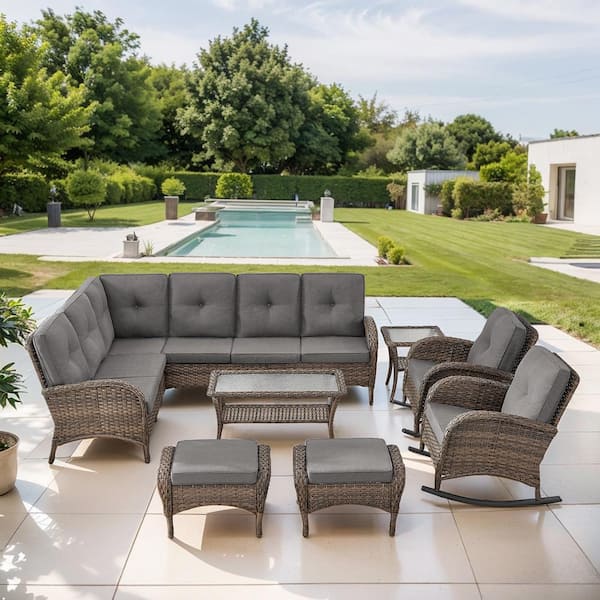 Brown 7-Piece Wicker Patio Conversation Sectional Seating Set with Gray Cushions and Rocking Chairs