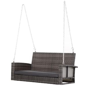 2-Person Grey Metal Plastic Rattan Patio Swing with Grey Cushions and Curved Seat