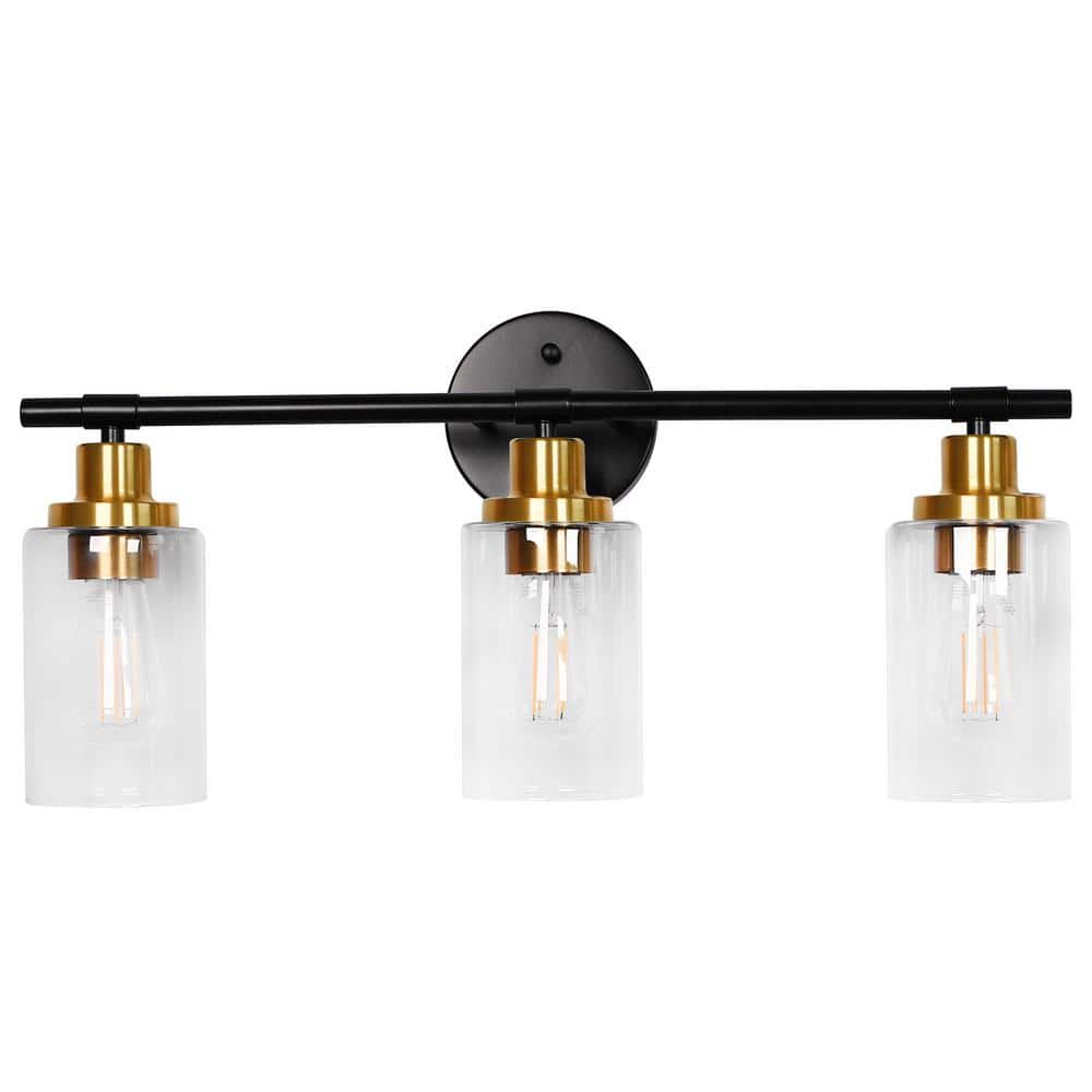 22.64 in. 3-Light Matte Black Modern Bathroom Vanity Light with Clear Glass Shade and Gold Socket price history on PriceWatchPro
