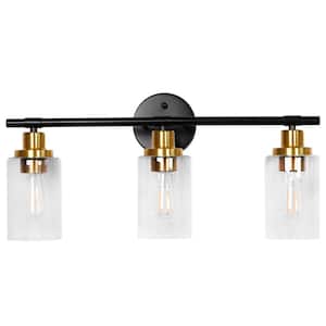 22.64 in. 3-Light Matte Black Modern Bathroom Vanity Light with Clear Glass Shade and Gold Socket