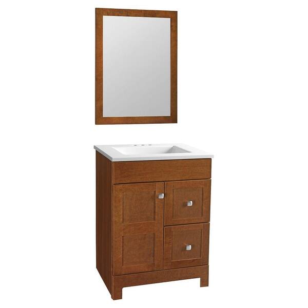 Glacier Bay Artisan 24.5 in. W Bath Vanity in Chestnut with Cultured Marble Vanity Top in White with White Sink and Mirror