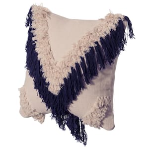 16 in. x 16 in. Navy Handwoven Cotton Throw Pillow Cover with Embossed and Fringed Crossed Line