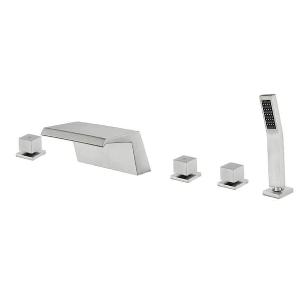 3-Handle Waterfall Deck-Mount Roman Tub Faucet with Handheld Shower Brass 5-Hole Bathtub Faucets in Brushed Nickel