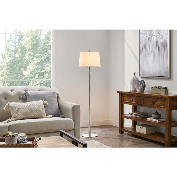 Hampton Bay Ganton 58 in. Polished Nickel Finish 1-Light Standard Floor Lamp for Living Room with Hardback Drum Linen Shade
