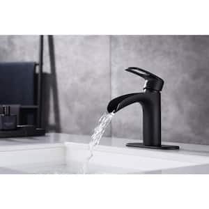 Mondawell Open Waterfall Single Handle Single Hole Low Arc Bathroom Faucet with Deckplate in Matte Black