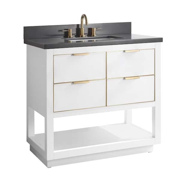 Allie 37 in. Single Sink White with Gold Trim Bath Vanity with Gray Quartz Top