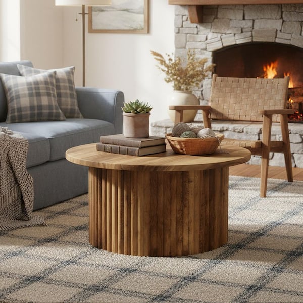 Allan 31.5 in. Brown Round Wood Coffee Table with Metal Base, Farmhouse Accent Center Tea Table for Living Room