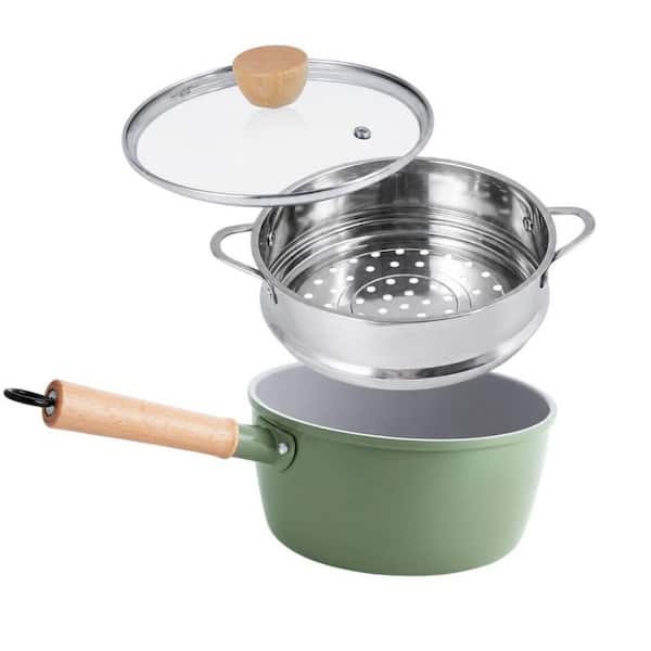 4-Piece 2 qt. Non-Stick Green Ceramic Sauce Pan with Wooden Handle, Steamer and Lid for Gas, Electric and Induction