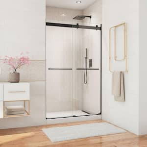 Essence 44 in. to 48 in. W x 76 in. H Sliding Frameless Shower Door in Matte Black with Clear Glass