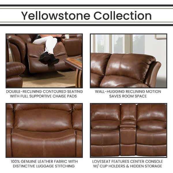 Hanover Yellowstone 2 Piece Golden Brown 100 Genuine Leather Set With Double Reclining Sofa And Gliding Console Loveseat Hum002set2 Gb The Home Depot Double Reclining Sofa, 100 Leather Reclining Sofa Set