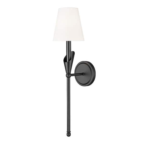 Claudelle 5.75 in. 1 Light Matte Black Wall Sconce with White Fabric Shade