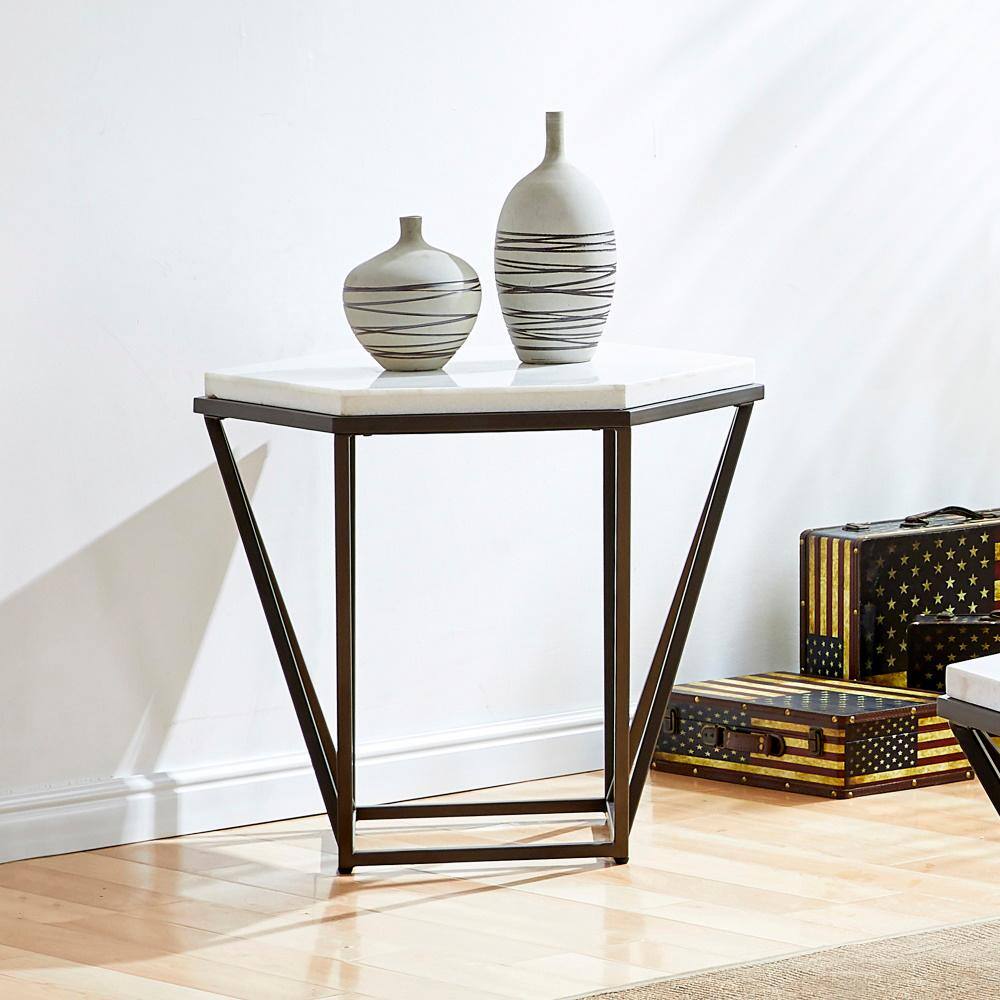 Transitional Hexagonal White Marble & Coffee Metal End Table