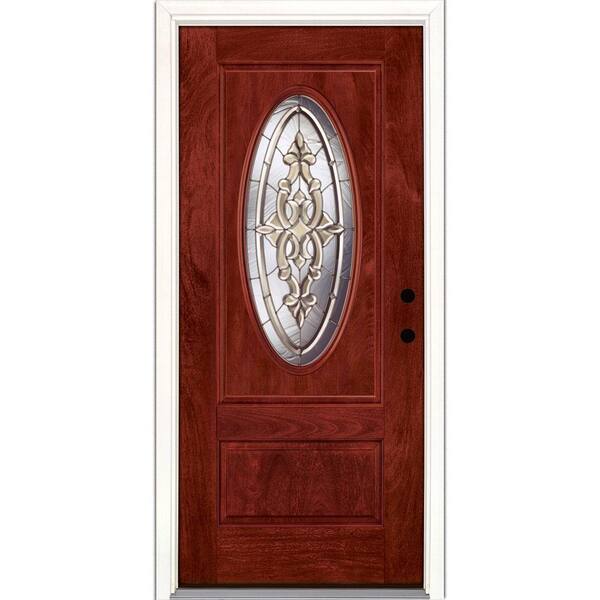 Feather River Doors 37.5 in. x 81.625 in. Silverdale Zinc 3/4 Oval Lite Stained Cherry Mahogany Left-Hand Fiberglass Prehung Front Door