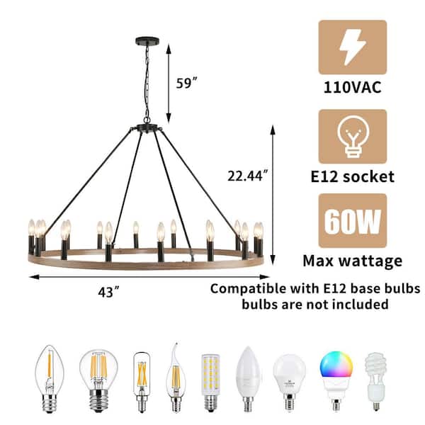 Lagre Wagon 16-Light Farmhouse Round Wheel Chandelier Dining Room Pendant Light,Brown and Black