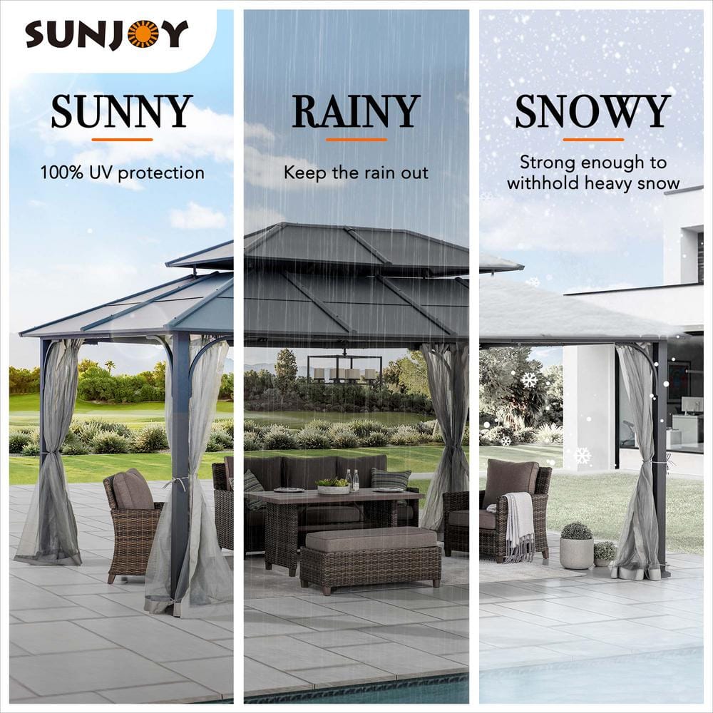 Sunjoy 12 x 16 ft. Black Steel Hardtop Gazebo with Netting