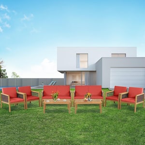 8-Piece Patio Acacia Wood Furniture Set PE Rattan Conversation Set with Red Cushions