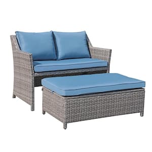 Orange Casual Gray 2-Piece Wicker Patio Conversation Sectional Set with Navy Blue Cushions with Storage Ottoman